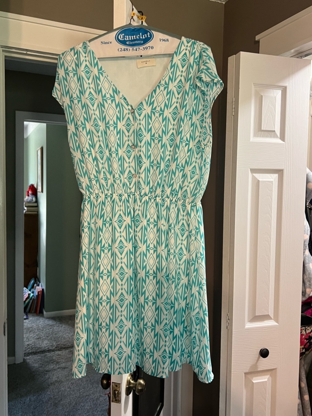 Everly Teal & White Geometric V-Neck Midi Dress